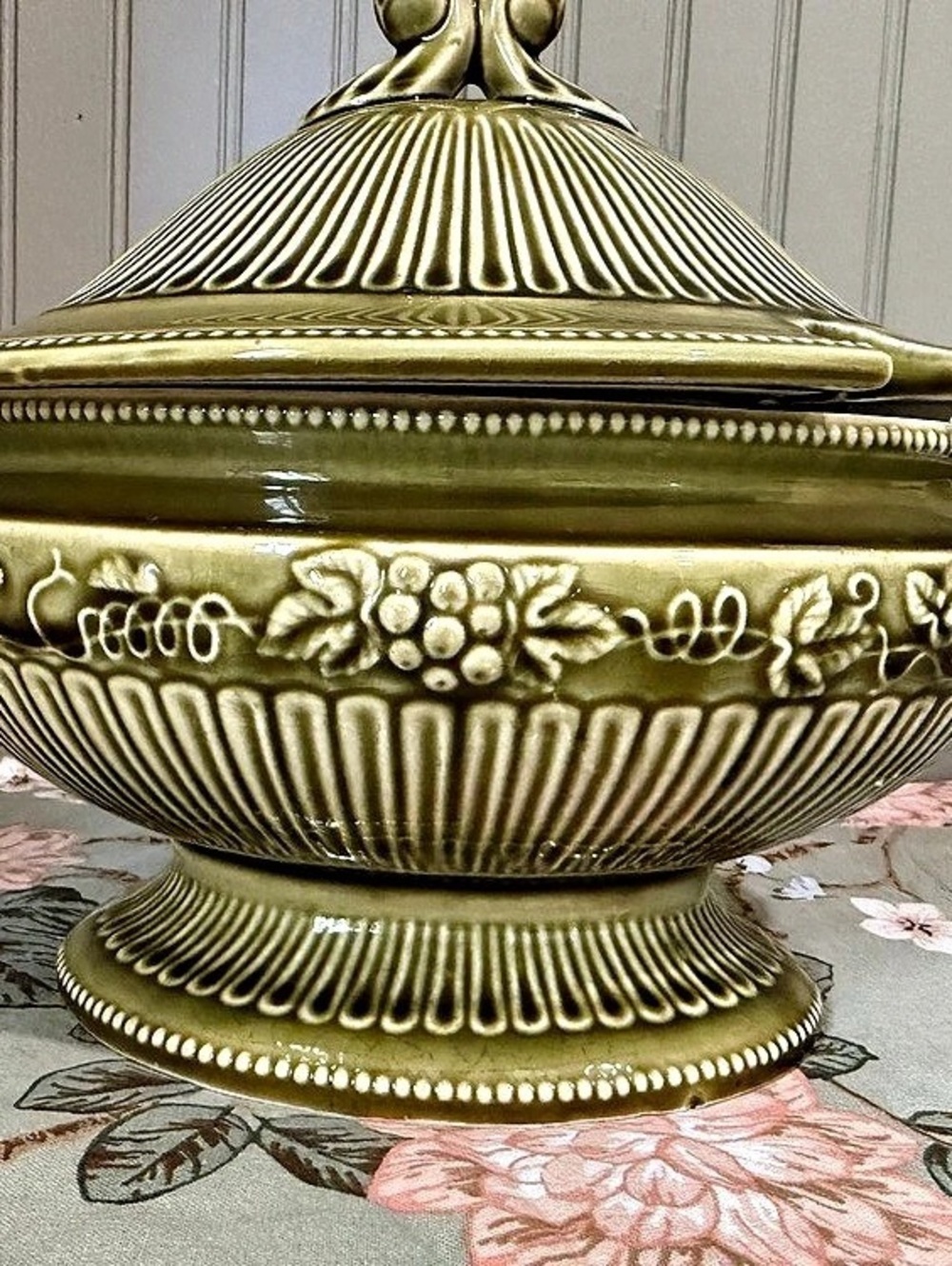 Vintage Green Floral Lidded Serving Tureen